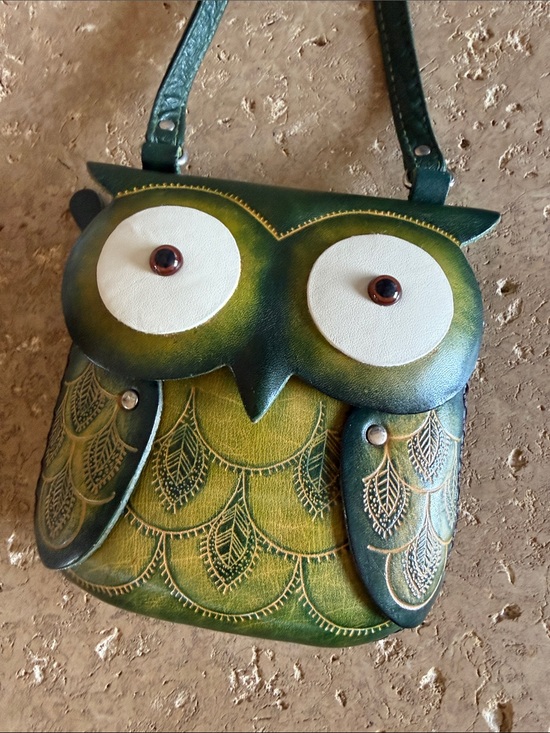Handbags - Green Owl Leather Crossbody Bag with Playful Eye Detail
